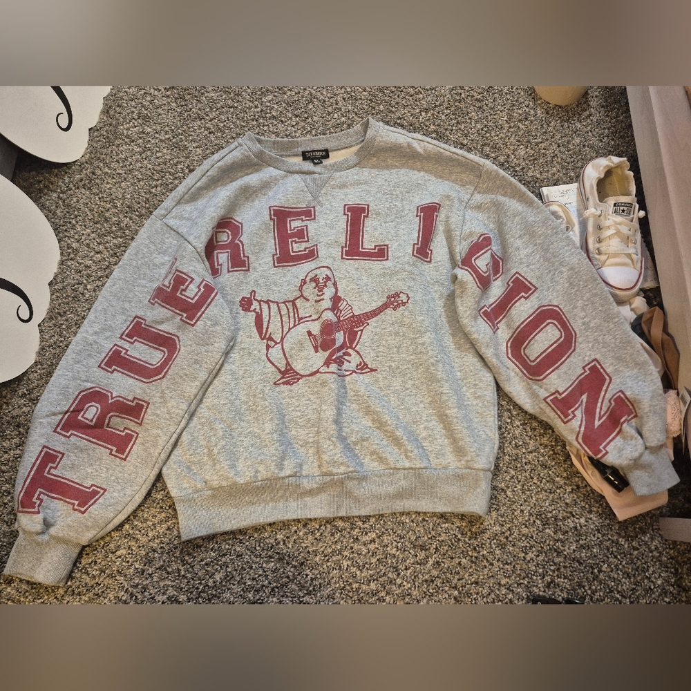 Womens True Religion Gray and Maroon Crewneck Sweater